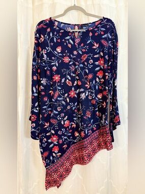 New Directions Navy Floral Asymmetrical Tunic XL Boho Long Sleeve